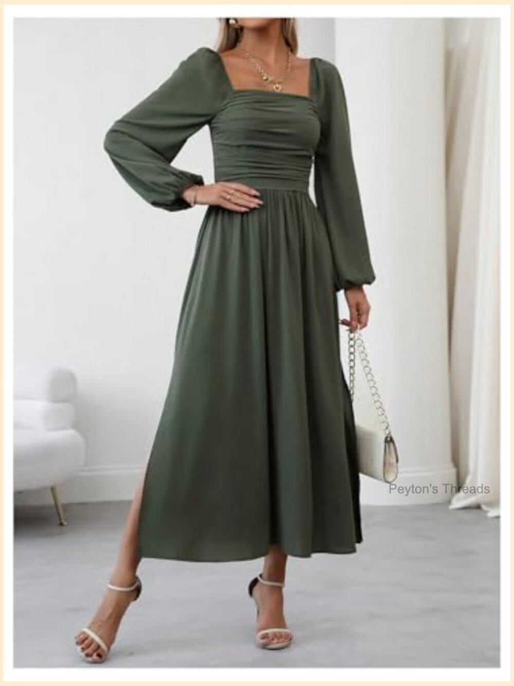 Women's Square Neck Lantern Long Sleeve Ruched Midi Dress - Picture 5 of 6